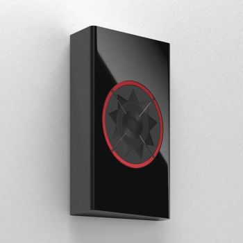 Manger Audio w1 on wall, high gloss black with red ring